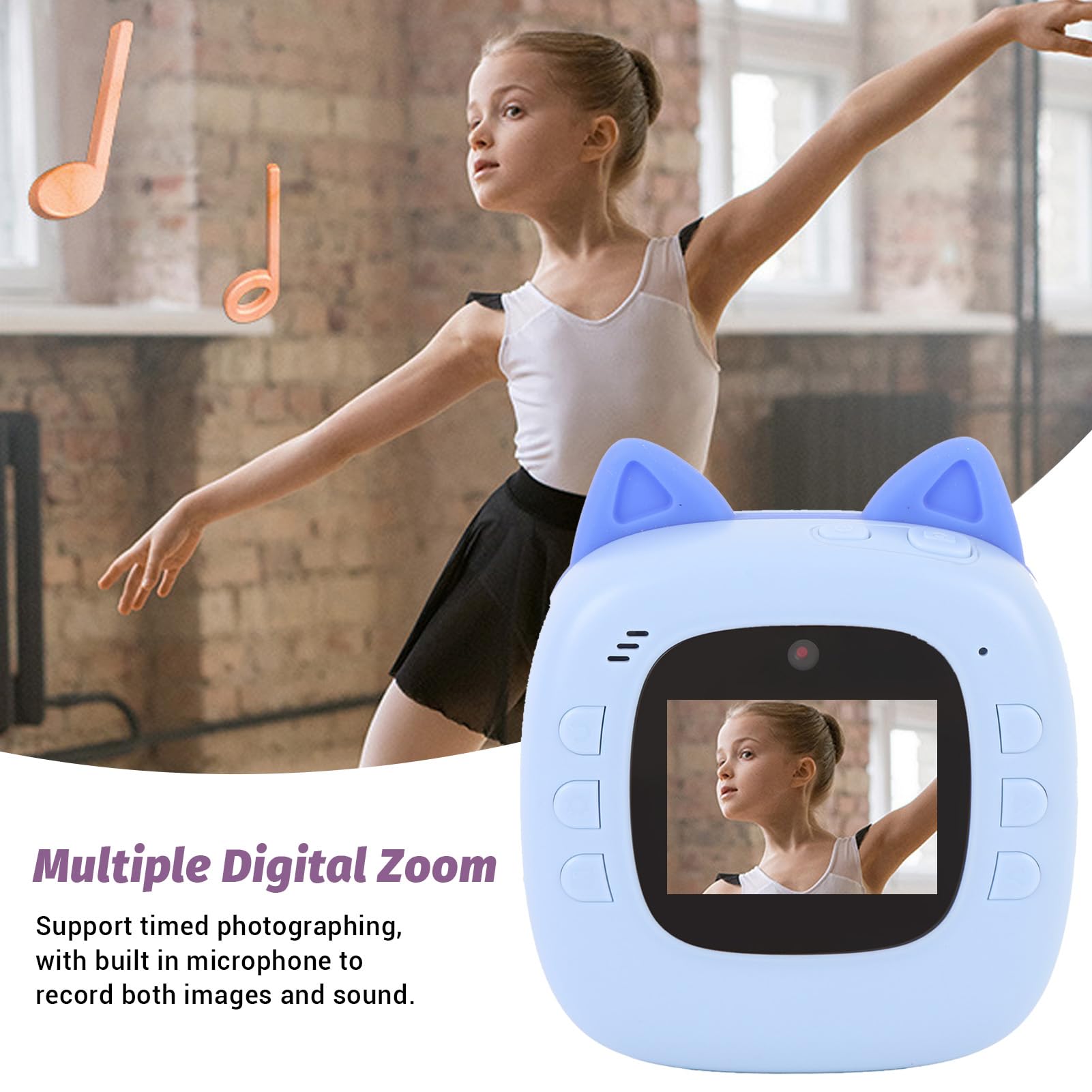 Sofortdruck-Kinderkamera, Kitty-Digitalkamera Zum Drucken von Fotos für Kinder, 4-facher Zoom, für 3-, 4-, 5-, 6-, 7-, 8-, 9- und 10-jährige Mädchen und Jungen, mit