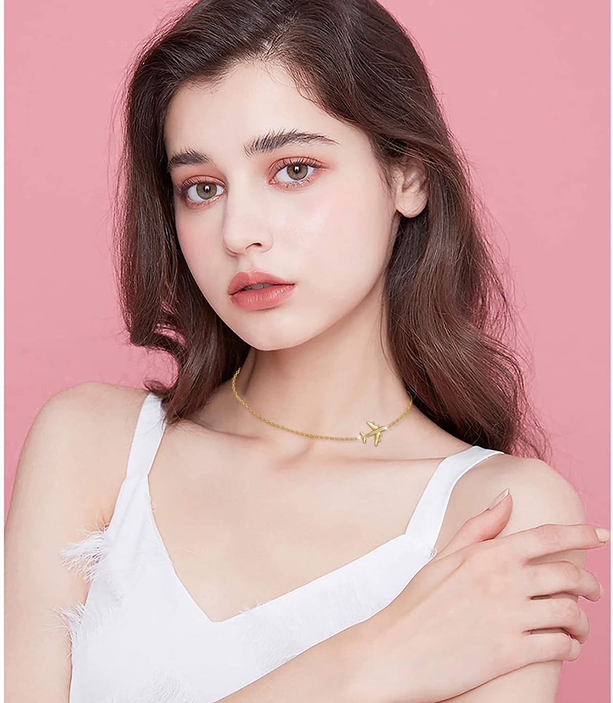 FLYOW Airplane Sideways Choker Necklace S925 Sterling Silver Aircraft Jelwery Adjustable Clavicle Necklace 15+3 Inch for Women Lady, Best Gifts for Stewardess Flight Attendants