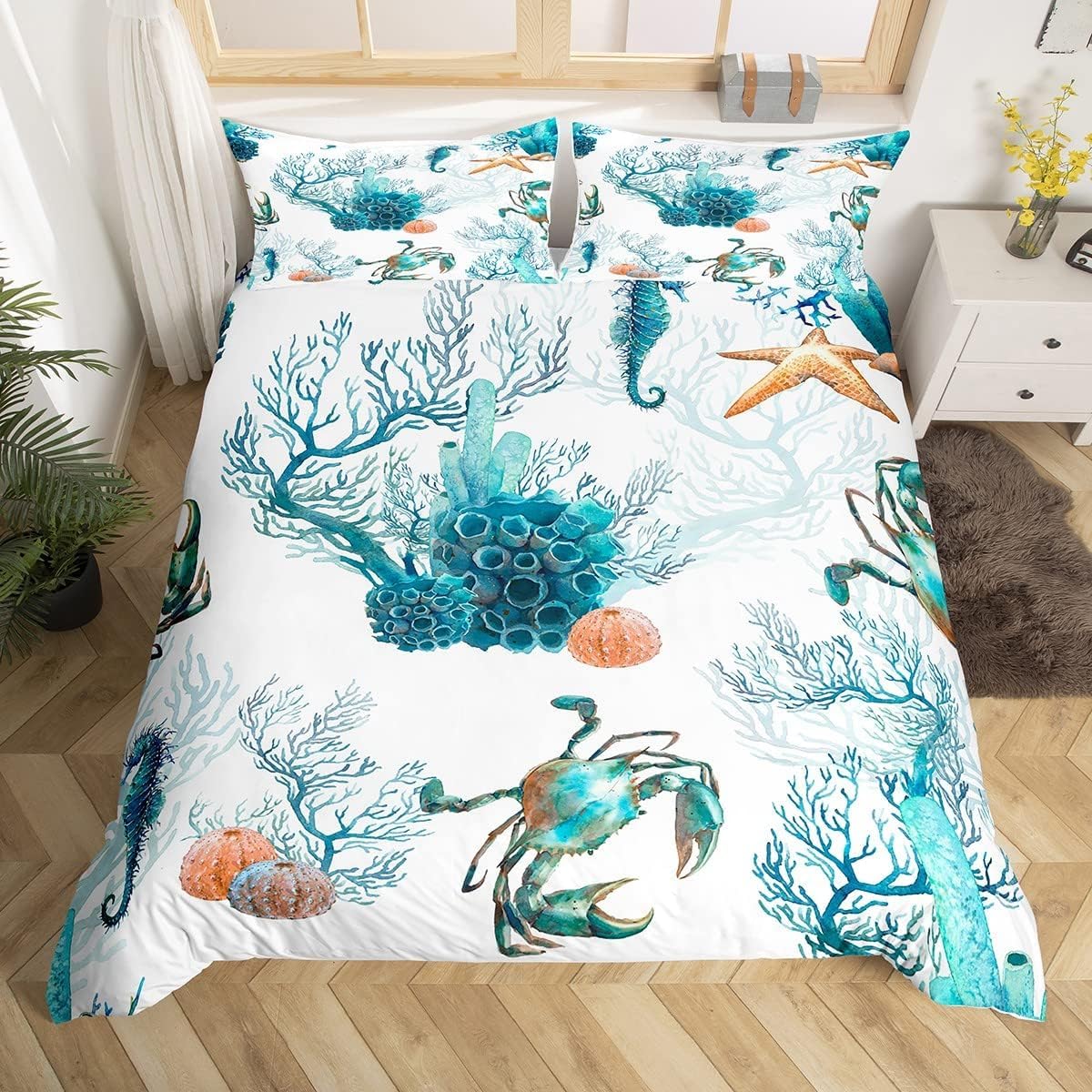 Homewish Boys Teal Blue White Ocean Duvet Cover Single Sea Marine Bedding Set, Watercolor Animal Comforter Cover Sea Horse Crab Bed Set, Starfish Coral Bedding Kids Underwater Theme Bedroom Decor 2Pcs (No Comforter)
