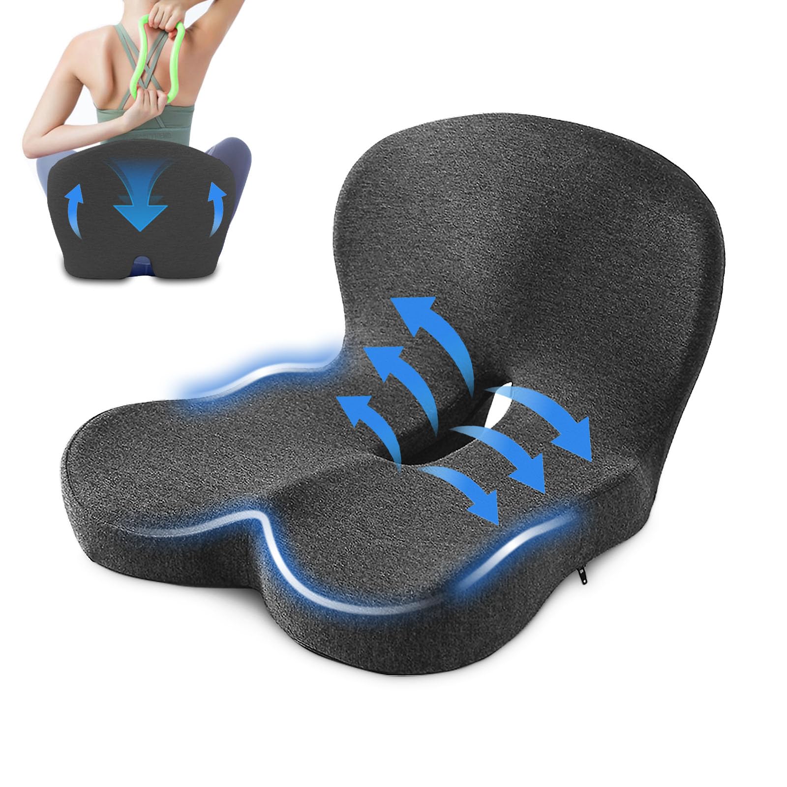 Benazcap X Large Memory Zitkussen voor Bureaustoel Ergonomische Kussens Pad Kussen voor Drukverlichting Ischias & Pijnverlichting Memory Foam voor Lang Zitten voor Gaming Stoel en Autostoel Zwart