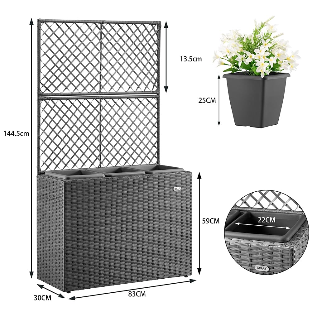 BAKAJI Jardinière à treillis en polyrotin, 3 pots amovibles, conteneurs pour plantes, potager vertical d'extérieur, design résistant aux rayons UV, jardin, balcon, terrasse, plante grimpante (gris)