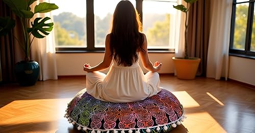 Miniatura 2 de CRAFT KALA Almohadas de suelo de meditación con mandala de 22 pulgadas para adultos con asiento redondo bohemio con círculo de algodón para