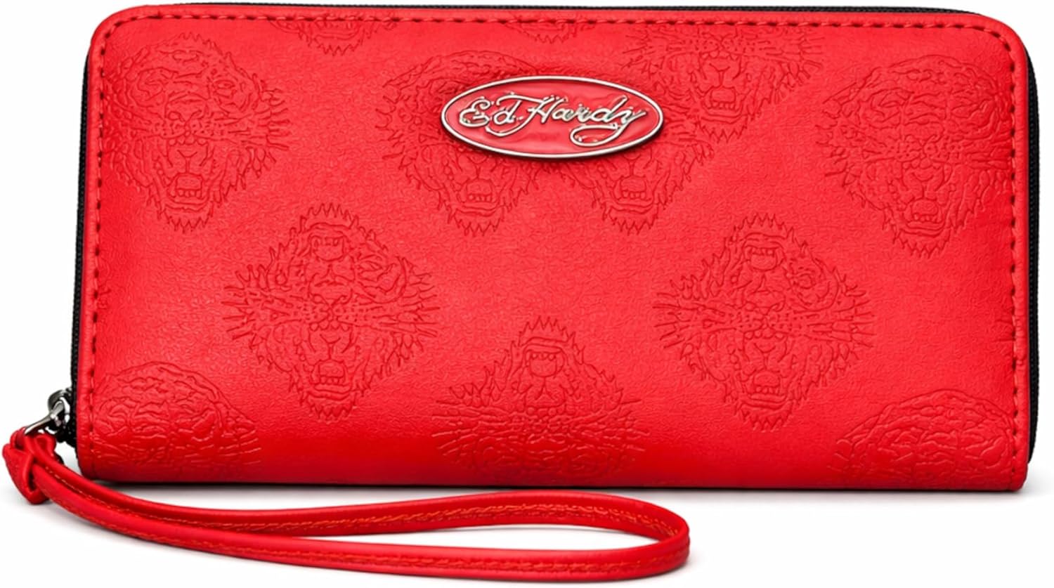 ED HARDY Embossed Tiger Zip Around Wallet with Wristlet Strap Vegan Leather Organizer Clutch Phone Holder (Red)