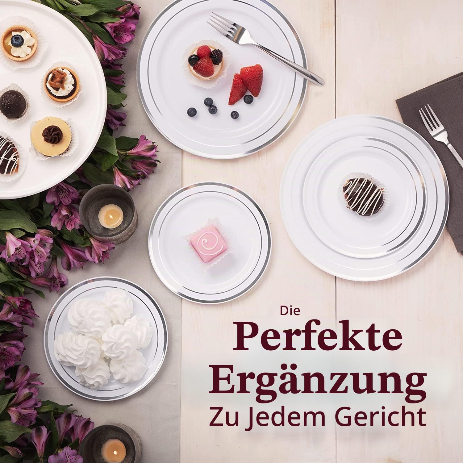 LATERN 60 Stück Mehrweg Silbernes Plastikgeschirr, 30 Stück 26cm Große Speiseteller + 30 Stück 19cm Salatteller, Wiederverwendbare Plastikteller für 30 Gäste Hochzeitstag Garden Dessert Party