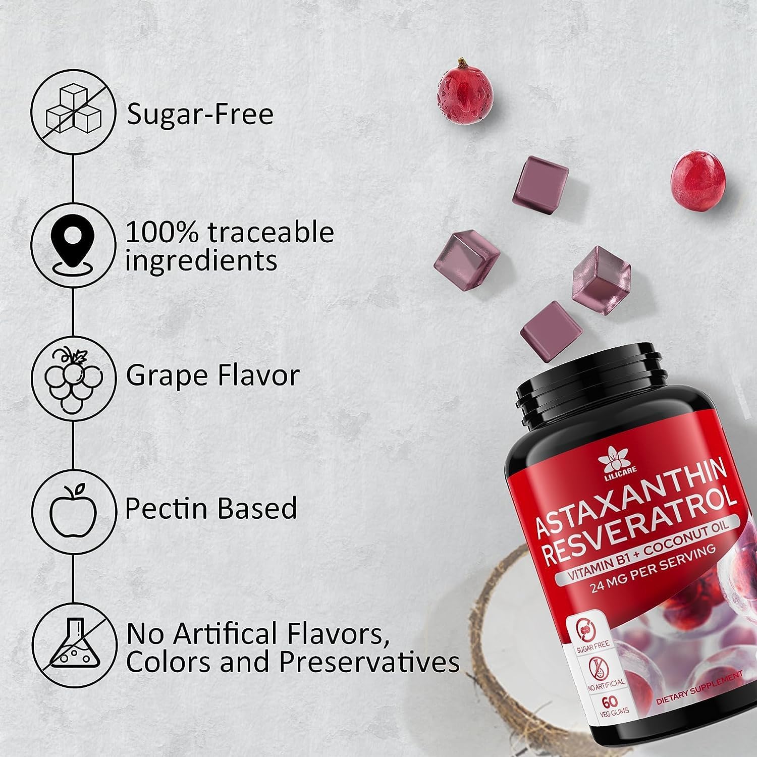 Astaxanthin Supplements 24mg Gummies with Resveratrol, Vitamin B1, Coconut Oil - Algae Organic Antioxidants for Men & Women Healthy Aging, Skin, Eyes, Immune - Vegan, Sugar-Free, Non-GMO, 120 Servings - Image 7
