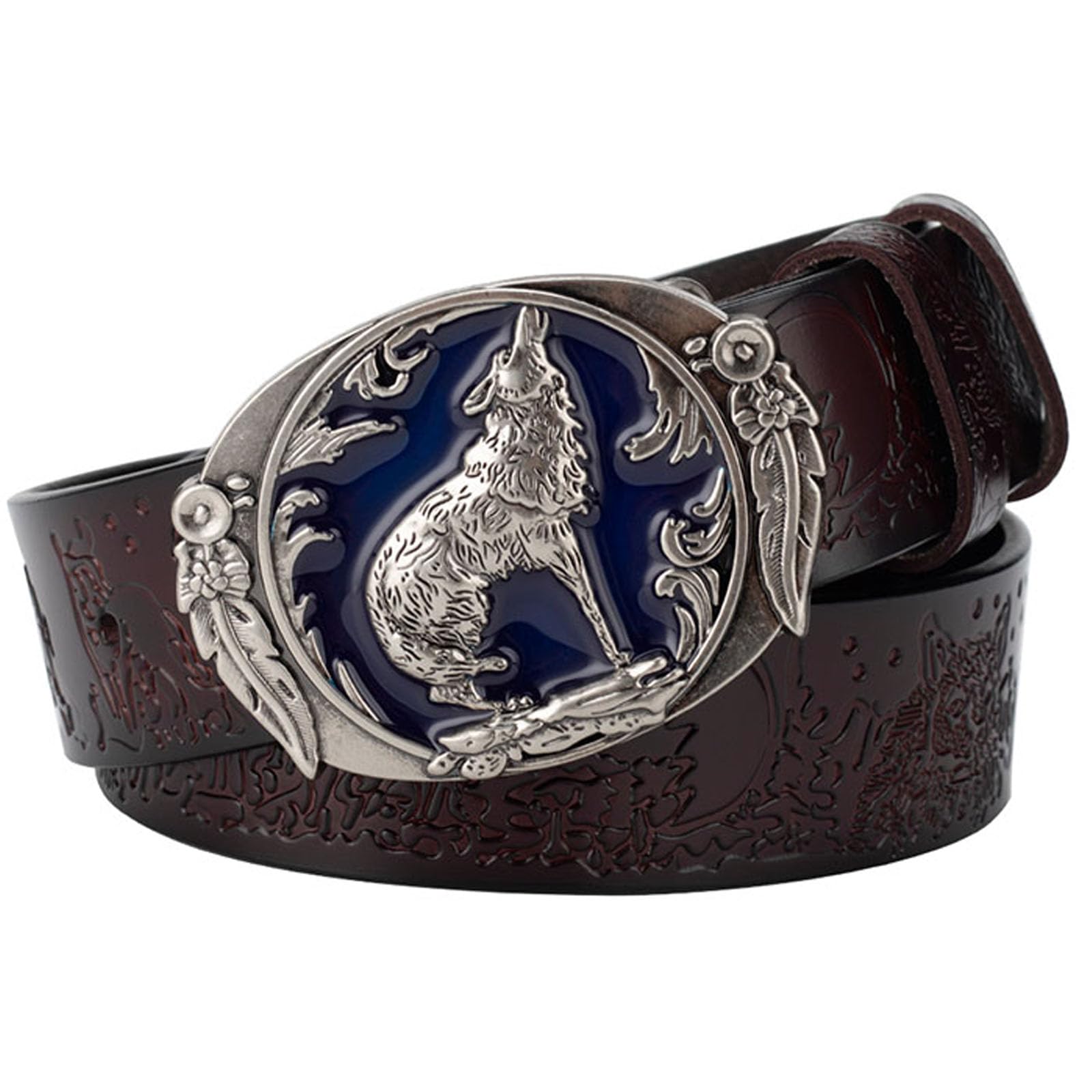 Jiary Unisex Brown ,110Cm/43.3'',Belts For Men, Mens Leather Belt Adjustable Western Cowboy Wolf Pattern Alloy Buckle Engraved Belt