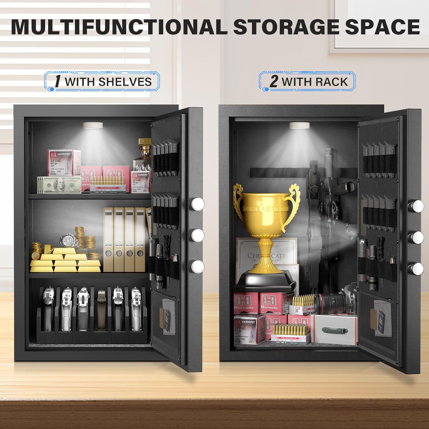 Image showing the safe interior configured with shelves and with a gun rack