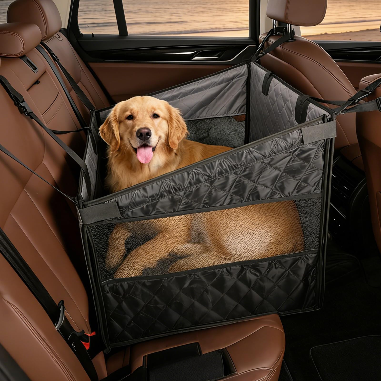 Hunde Autositz für Rückbank Extra Stabil Wasserdicht rutschfest Hundesitz Auto Mit 4 Befestigungsgurten Für Mittelgroße und Große Hunde