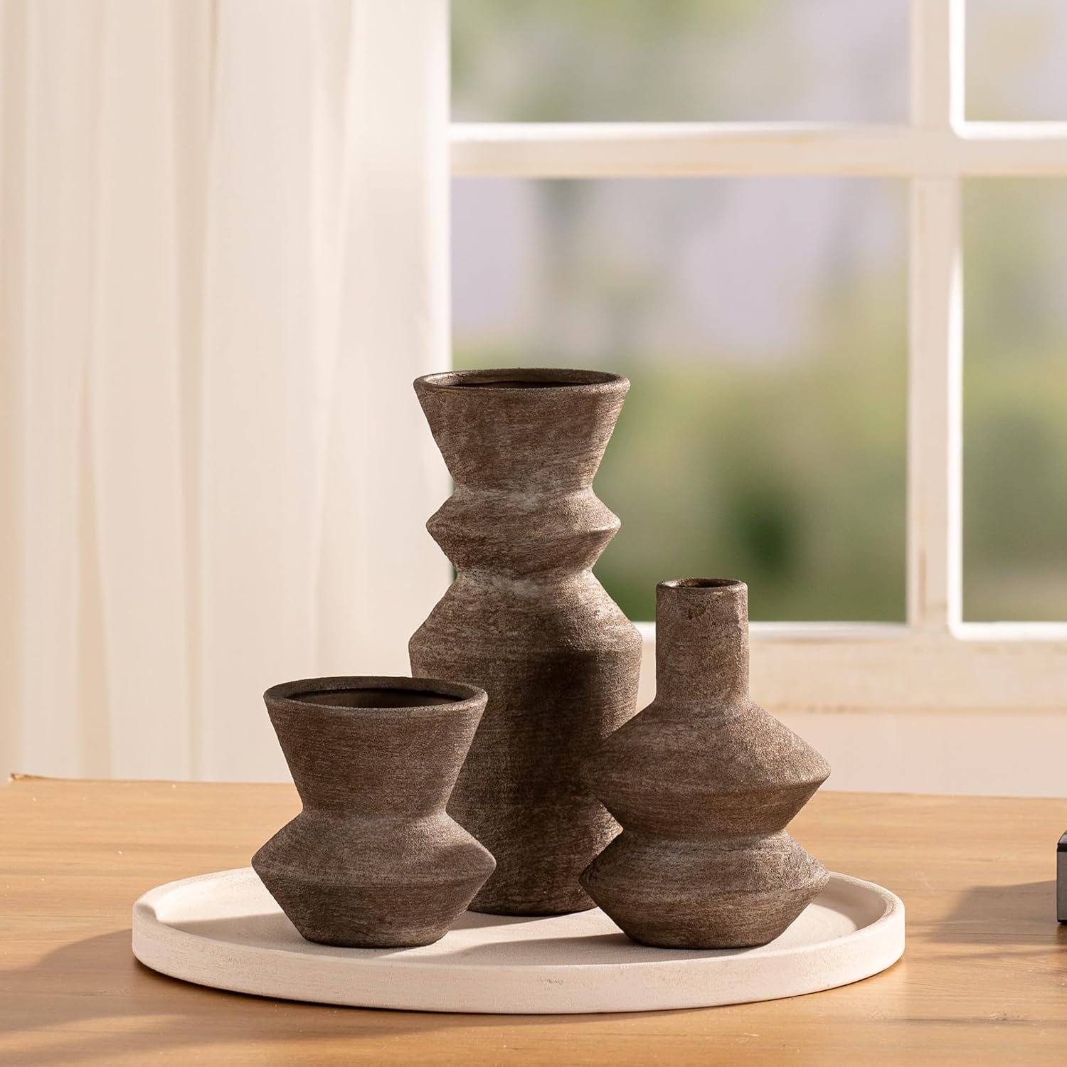 Ceramic Vase Home Table Decor - Brown Flower Vase Set of 3 Living Room Kitchen Decorations Farmhouse Modern Rustic Vases Decorative Centerpiece for Shelf Bedroom Office Bathroom Dining Coffee Desk - Image 8