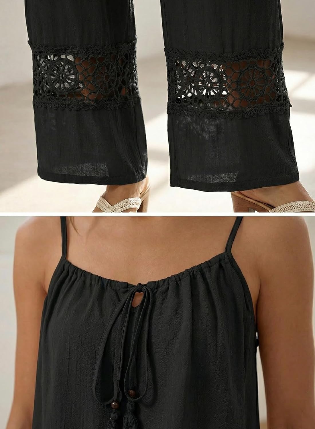 Dokotoo 2 Piece Sets for Women Summer Spaghetti Strap Tie Knot Top Lace Wide Leg Pants Set - Image 5