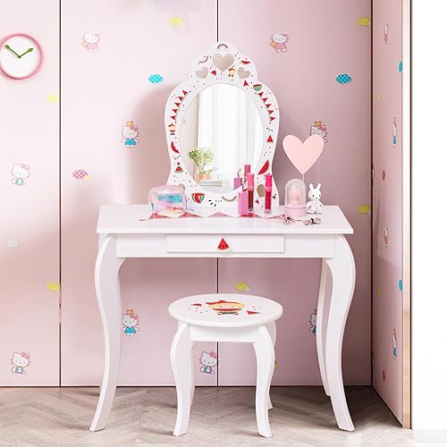Miniatura 29 de HONEY JOY Juego de tocador para niños con espejo, mesa de tocador de madera con taburete y cajón, parte superior extraíble, juego de tocador de