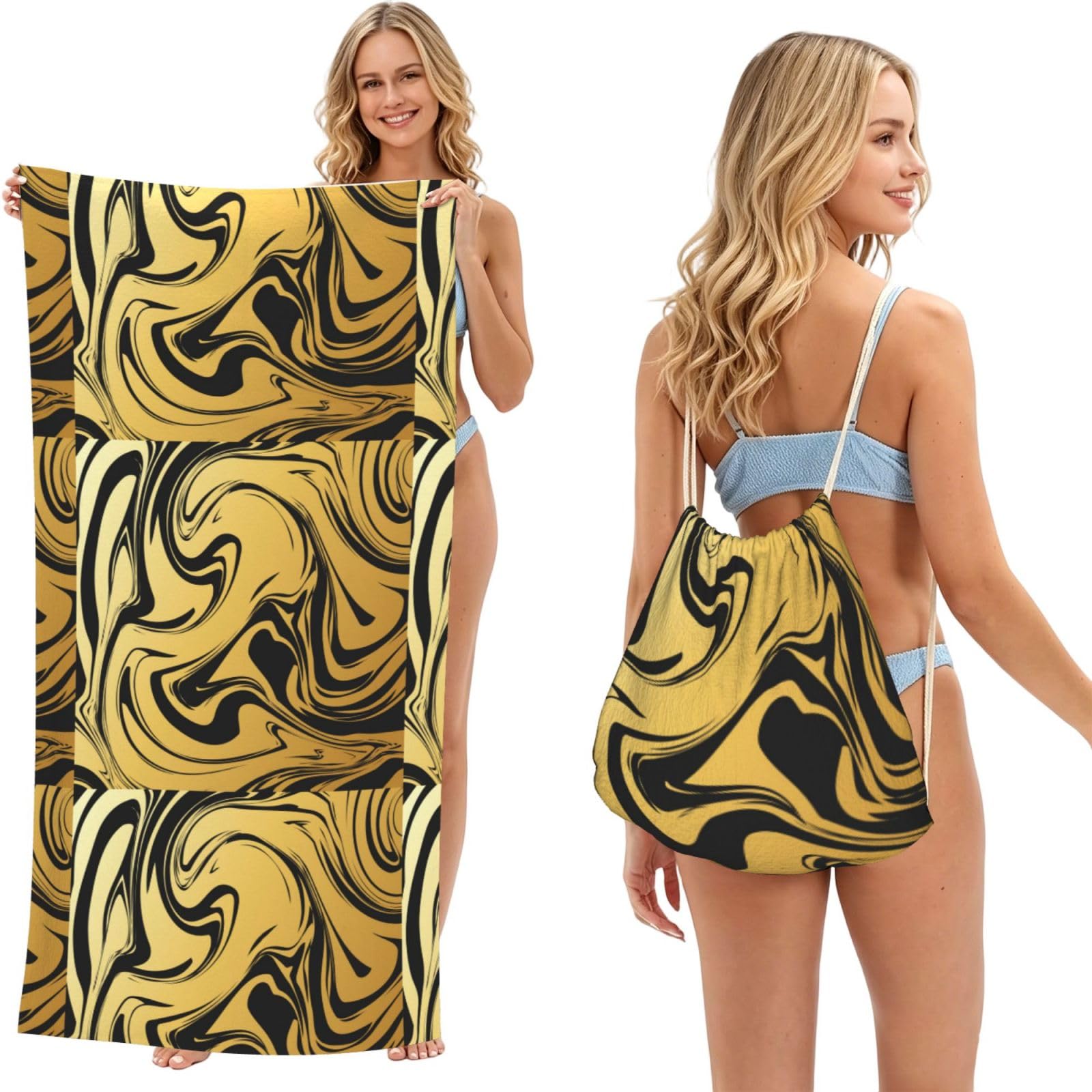 Poadnly As Picture Marble Texture Copper, 2 In 1 Packable Towel Bag, Beach Towels With Drawstring Backpack For Travel Holiday Camping