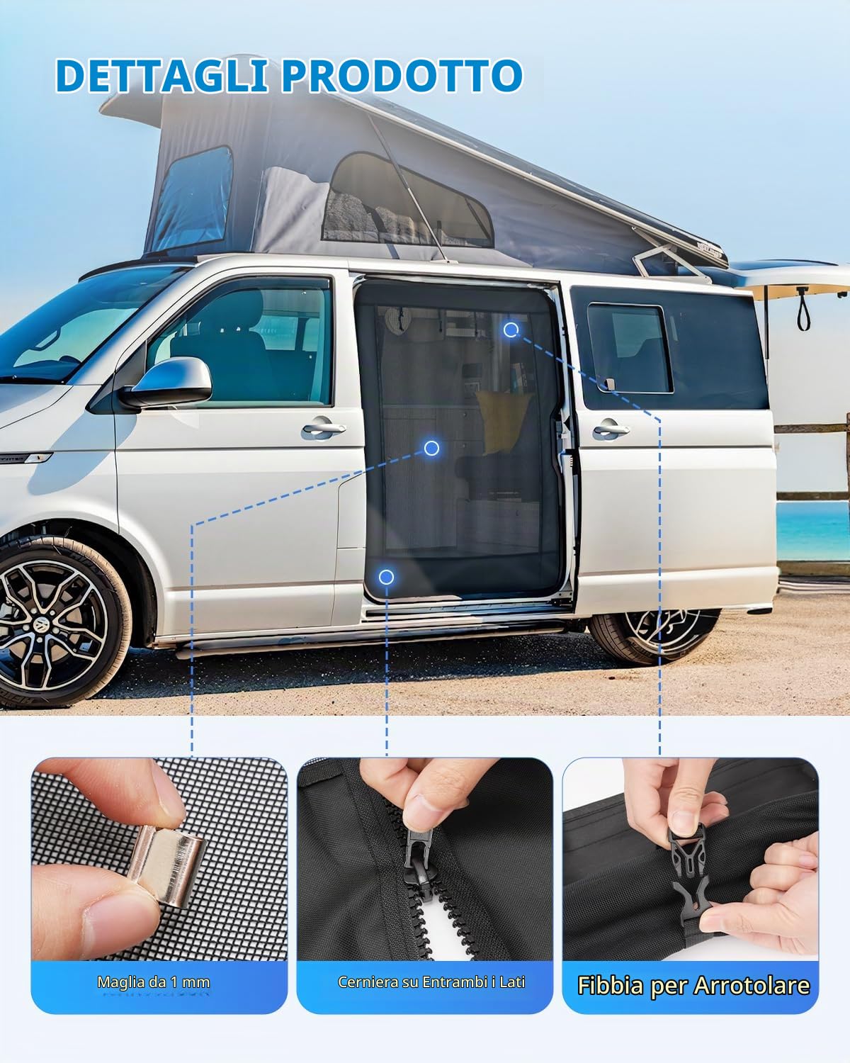 SUPAREE 5'x 5' Zanzariera T5 Zanzariera Porta Van Furgone Porta Laterale con Cerniera e Chiusura a Strappo per T5 T6 Furgone Campeggio Viaggio (Maglia Nera)