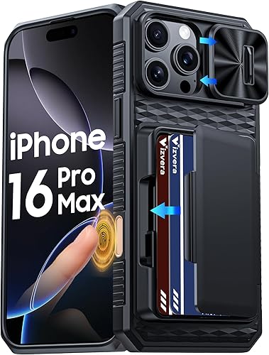 Vizvera para iPhone 16 Pro Max Funda tipo cartera RFID [Soporte para tarjetas][Control de cámara][Cubierta de cámara] Funda protectora de silicona