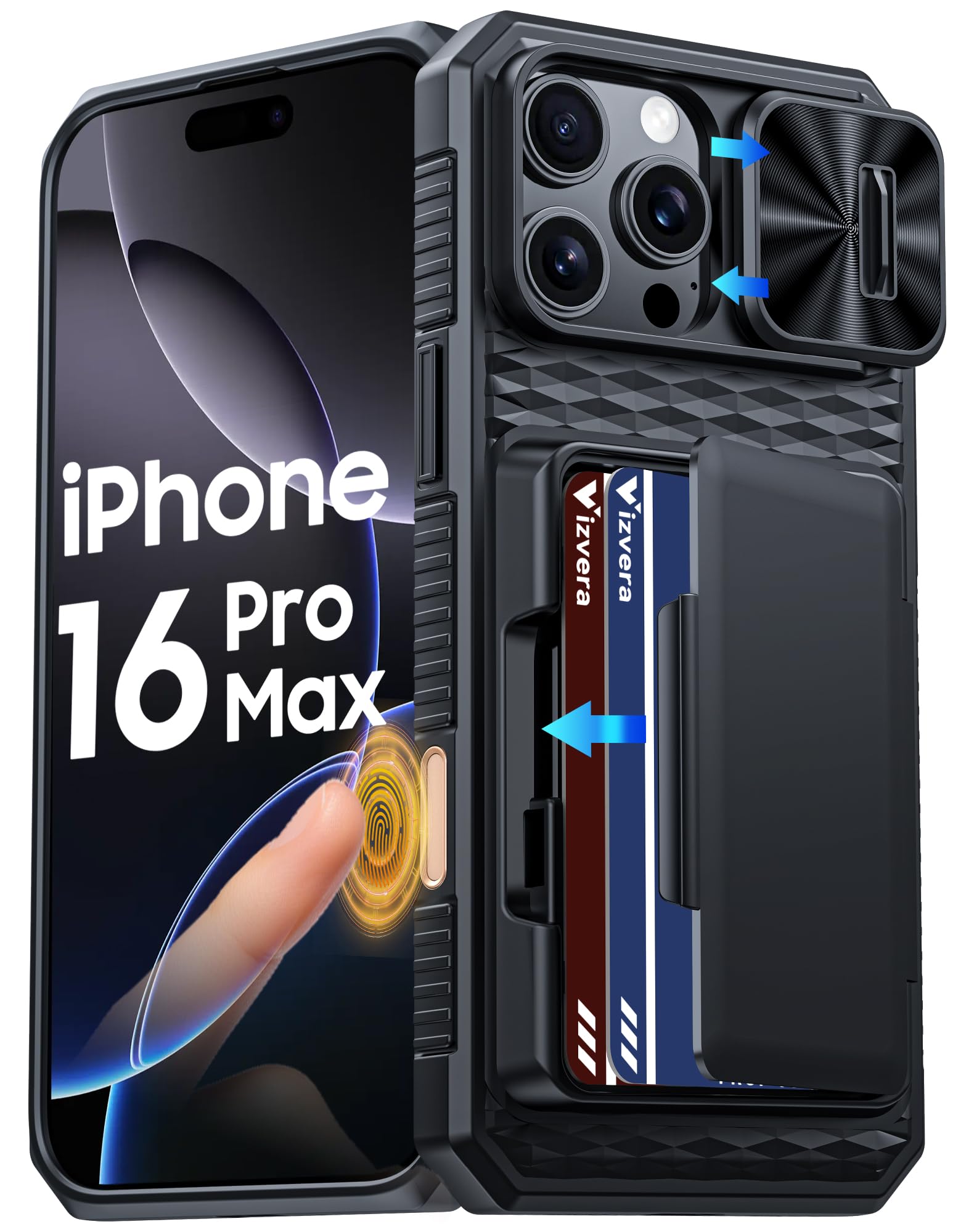 Vizvera for iPhone 16 Pro Max Case Wallet RFID [Cards Holder][Camera Control][Camera Cover] Full Body Rugged Shockproof Silicone Protective Phone Case