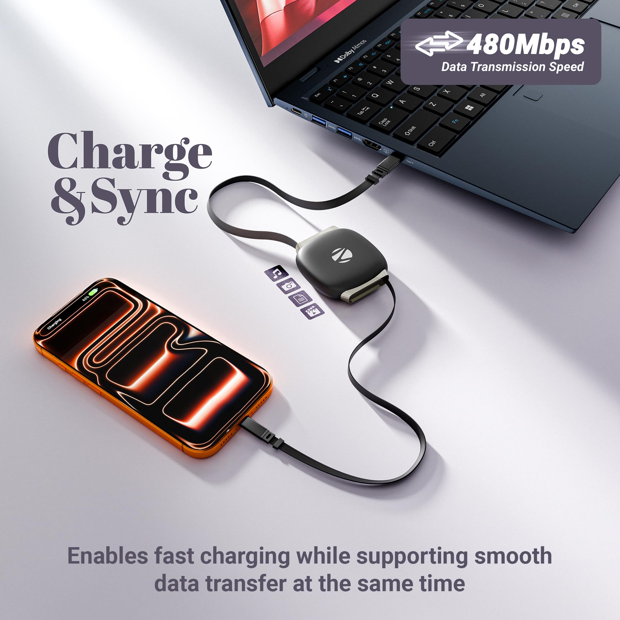 Zebronics 100W PD Type-C Retractable 1 Meter Cable, Super Fast Charging, 480Mbps Data Sync, 5A Output, for iPhone 15 and Above, MacBook, iPad and Samsung Galaxy Series (Wattz 100RCC1, Black) — Amazon image 3