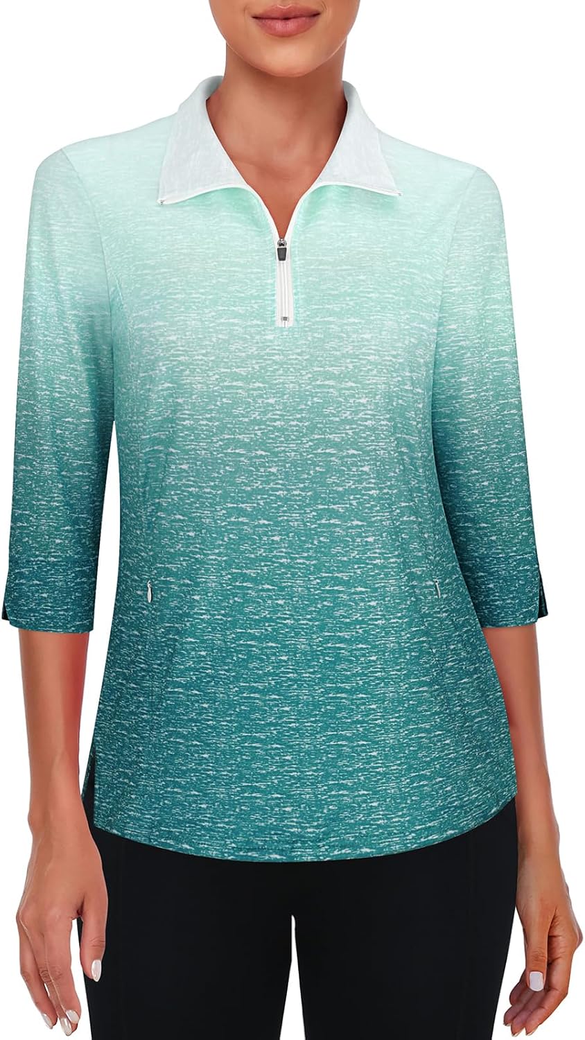 Viracy Women's Golf Shirts 3/4 Sleeve Sun Protection Quarter Zip with Zipper Pockets Athletic Polo Workout Tops S-2XL