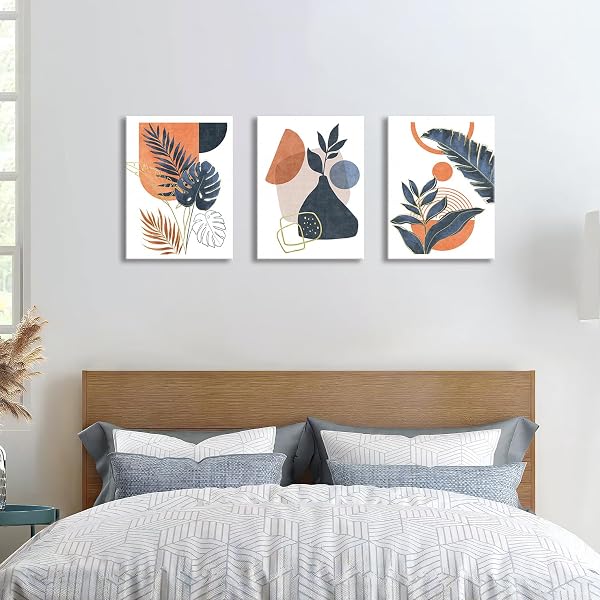 3Pcs Framed Boho Canvas Wall Art, Mid Century Blue Orange Geometric Abstract Plant Leaves Wall Art Modern Home Decor Poster Canvas Painting Wall Decor for Bedroom Living Room Ready to Hang 30x40cmx3 - 4