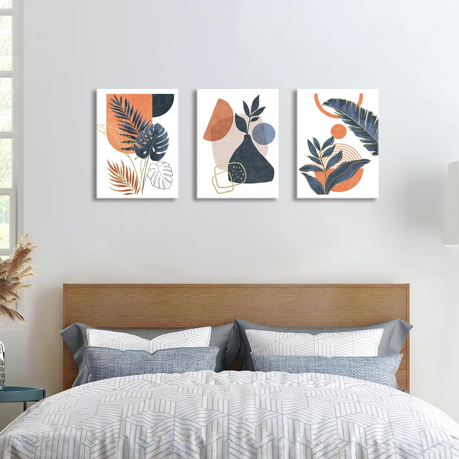 3Pcs Framed Boho Canvas Wall Art, Mid Century Blue Orange Geometric Abstract Plant Leaves Wall Art Modern Home Decor Poster Canvas Painting Wall Decor for Bedroom Living Room Ready to Hang 30x40cmx3 — view 4