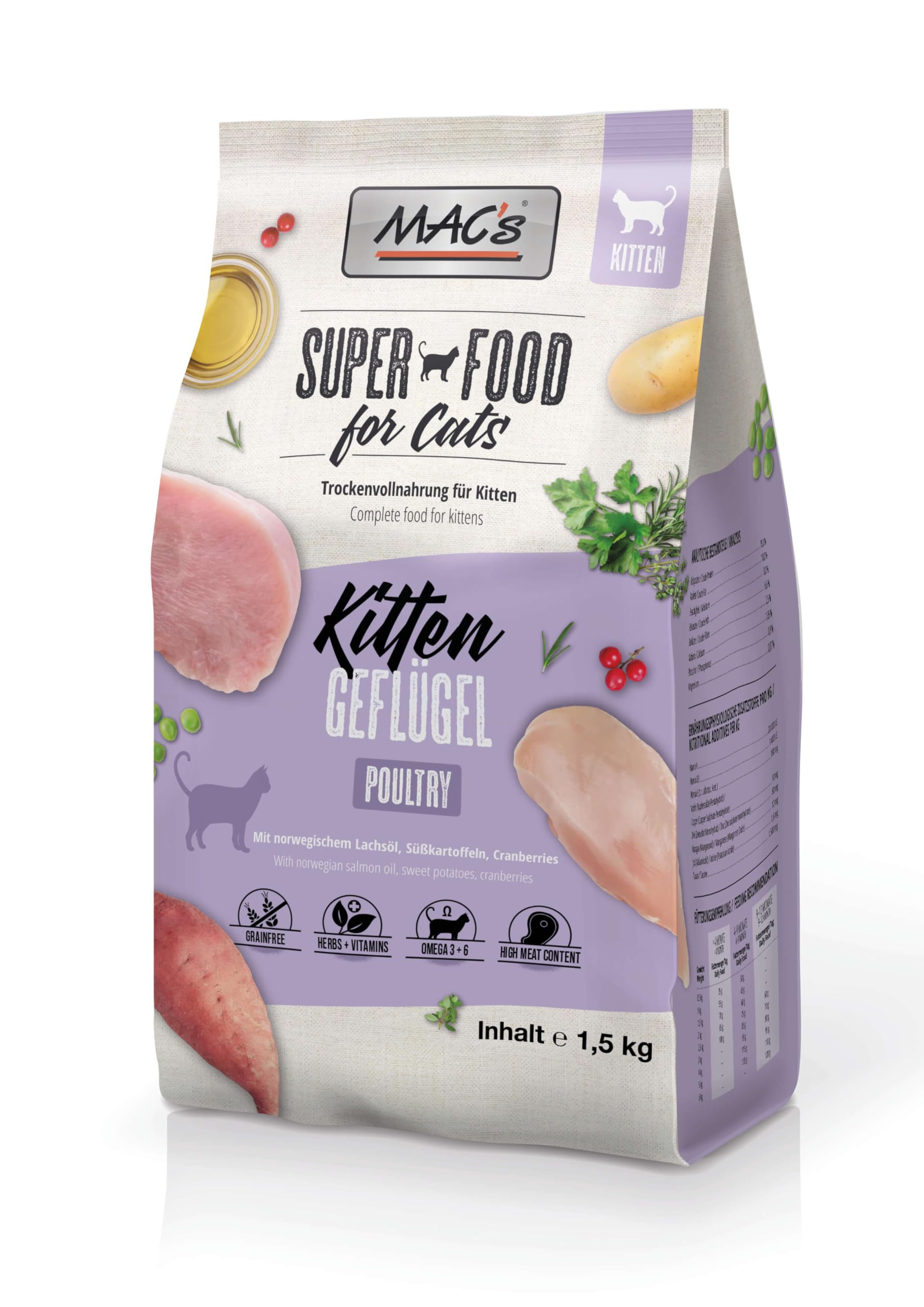 Mac's Cat Comida Seca Premium para Gatos 1,5 Kg (Aves Kitten Gatitos)