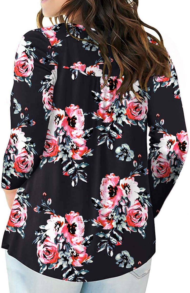 POSESHE Women's Plus Size Henley V Neck Button up Tunic Tops Casual Long Sleeve Blouse Shirts