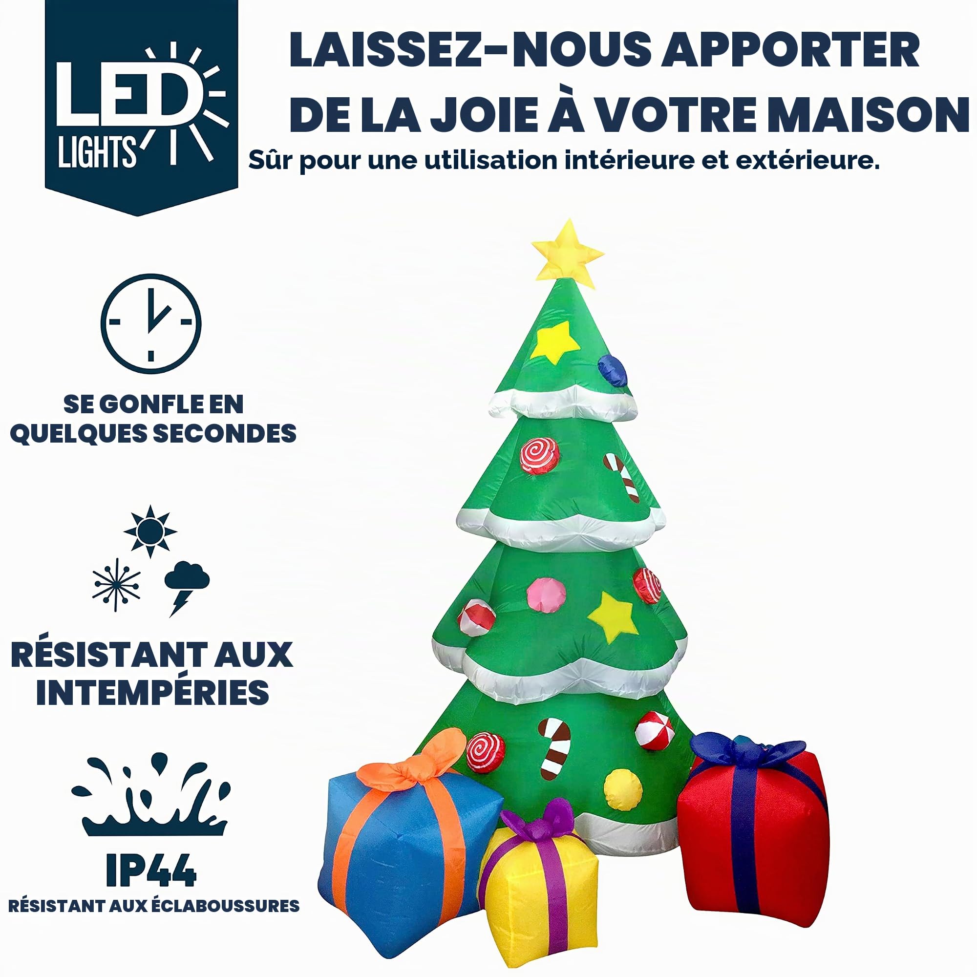 Joiedomi Sapin de Noël géant gonflable à DEL de 2,1 m avec 3 boîtes cadeaux, parfait pour décoration de cour gonflable, intérieur ou extérieur, décoration de Noël