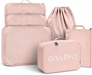 GIVLEFLY 여행용 압축 패킹 큐브, 6피스 경량 수하물 정리함 가방, 공간 절약형 여행 가방 포장 세트 여성용