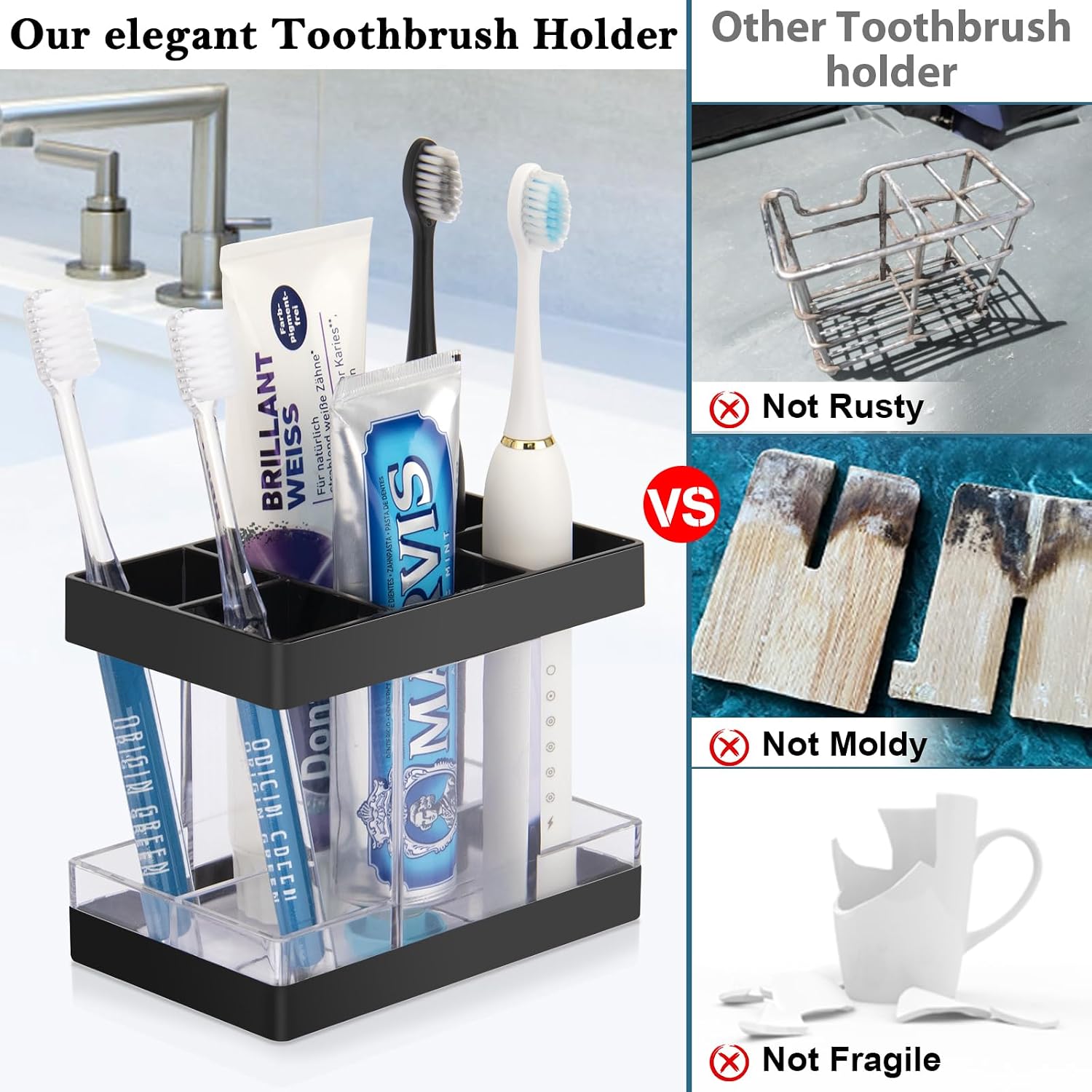 Toothbrush Holders for Bathrooms Countertop Organizer - Electric Toothbrush Holder Set, 5 Slots Toothbrush and Toothpaste Holder, Makeup Brush Storage Caddy for Family Kids (Black)