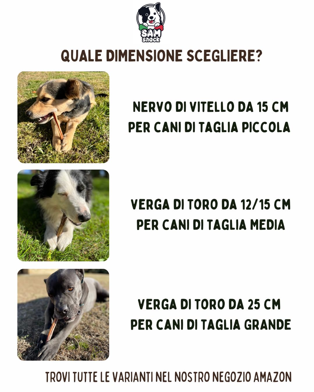 Sam Snack Nervo di toro/verga di toro 100% naturale 25 PZ 15 CM masticativi premium per cani prodotto in Italia adatto a dieta BARF PEZZI SPESSI
