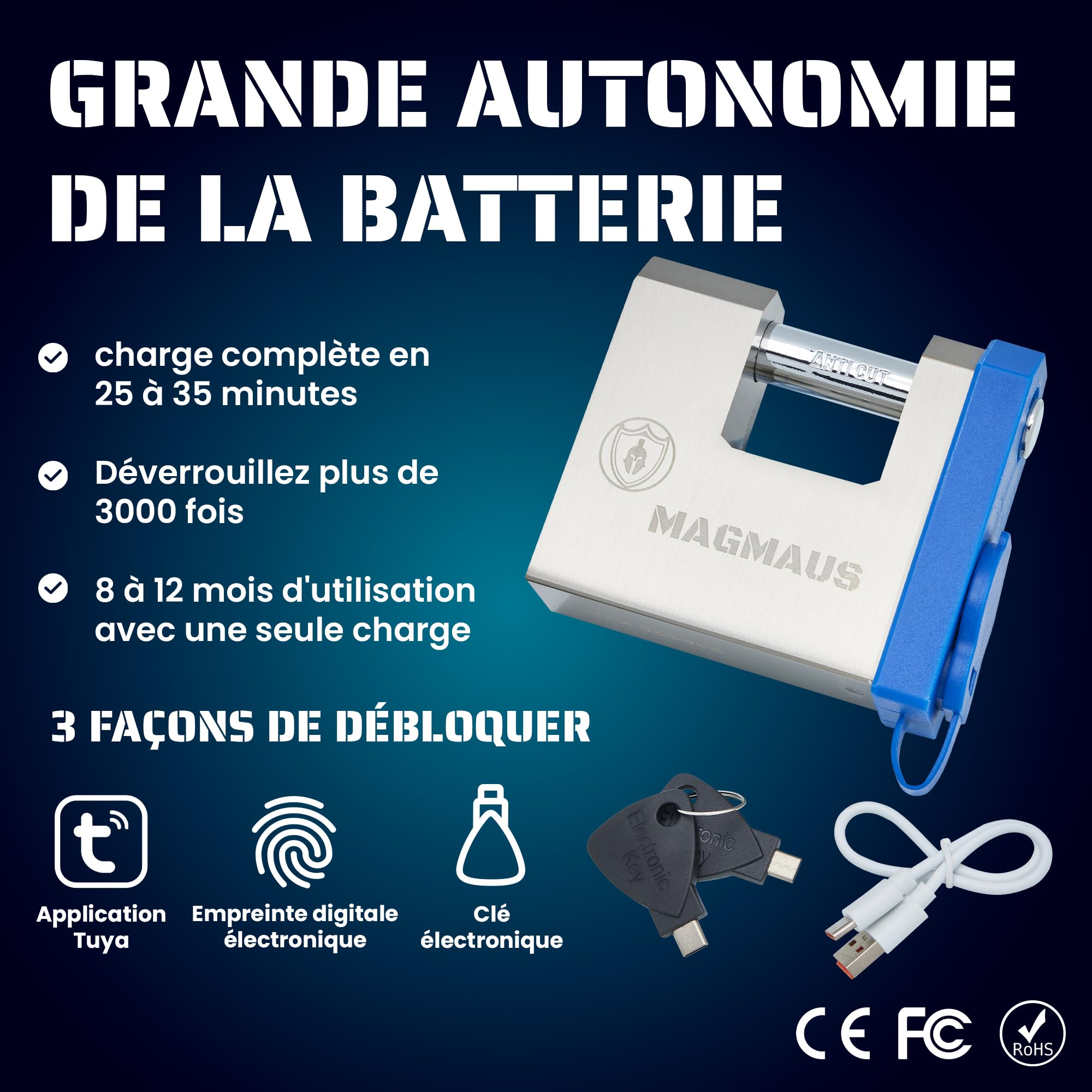 Magmaus® SRL70 Cadenas à Empreinte Digitale - Serrure Biométrique sans Clé, 20 Empreintes, 2 Clés Électroniques, App Tuya, IP68 Étanche pour Portail, Container et Abri Extérieur Résistant