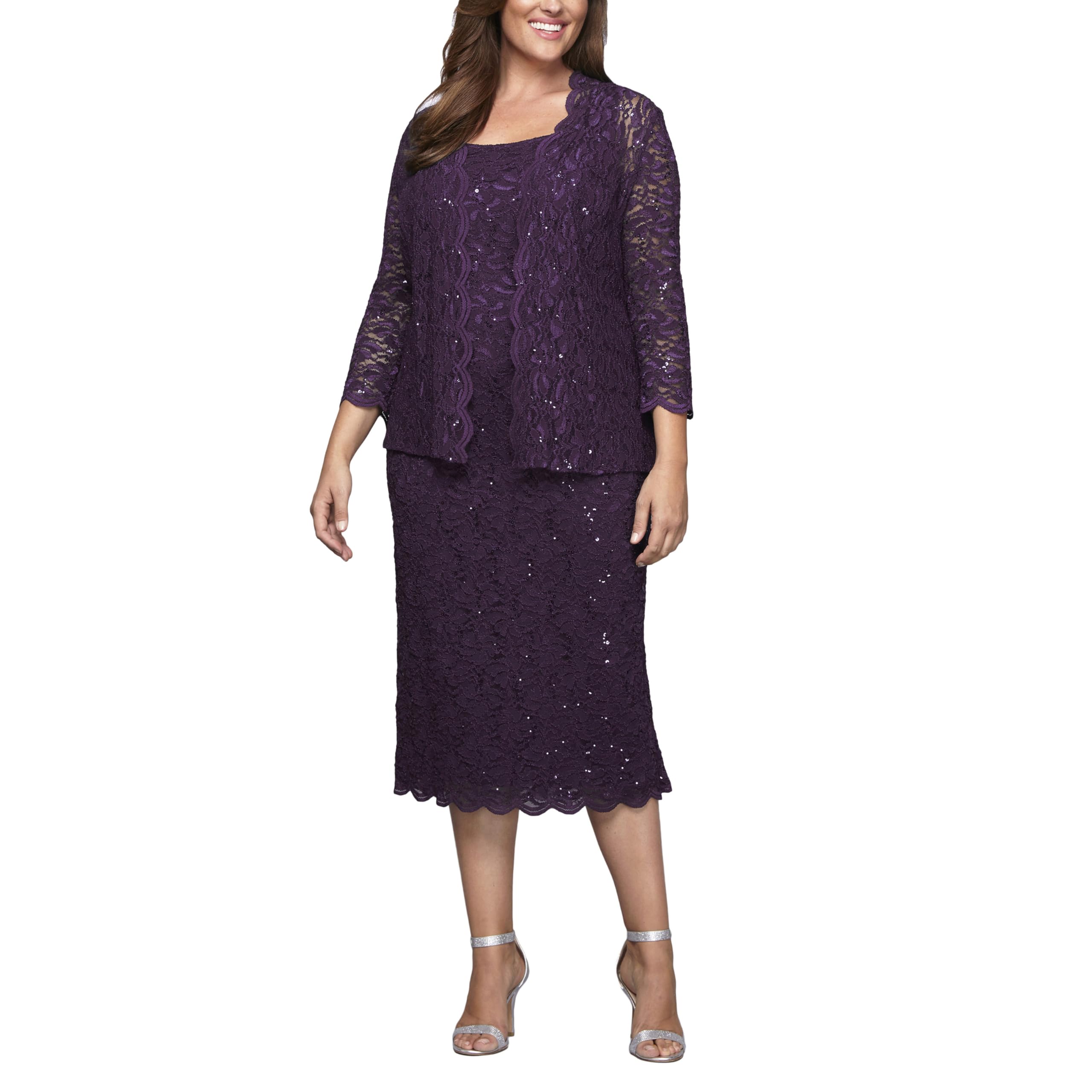 Alex Evenings Women's Plus Size Tea Length Lace Dress and Jacket Special Occasion, Eggplant, 26