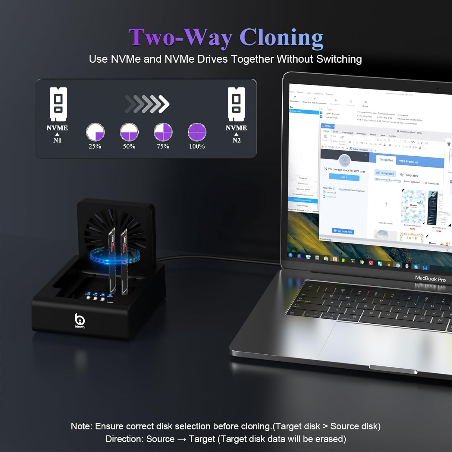 M.2 NVMe & SATA Hard Drive Docking Station, USB C 10Gbps Hard Drive cloner for M.2 PCIe NVMe + SATA 2.5”/3.5” HDD Converter, Offline Cloning, Tool-Free, Cooling Fan - Image 4