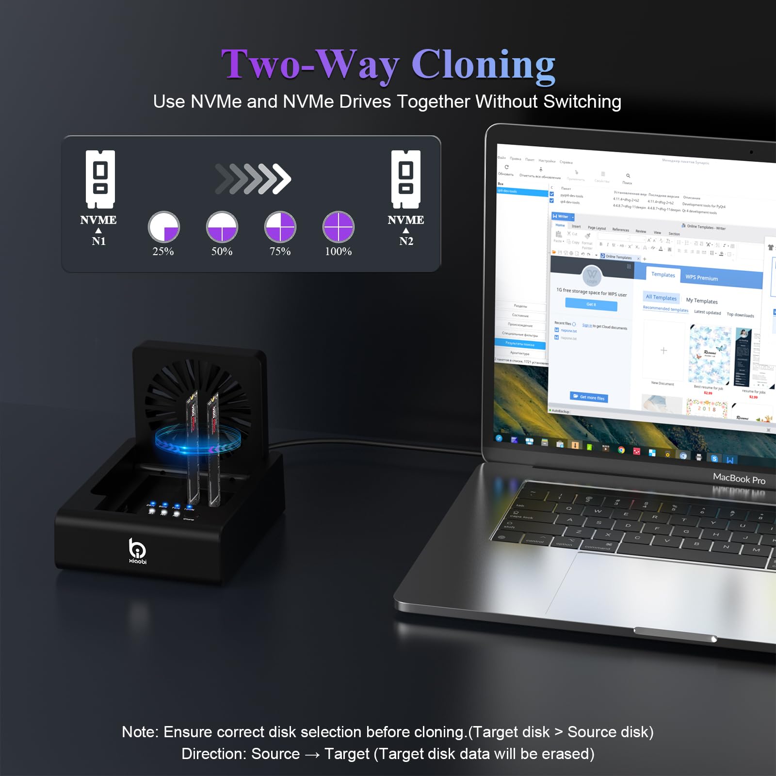 M.2 NVMe & SATA Festplatten-Dockingstation, USB C 10 Gbit/s Festplattenkloner für M.2 PCIe NVMe + SATA 2,5 Zoll / 3,5 Zoll HDD-Konverter, Offline-Klonen, werkzeuglos, Lüfter