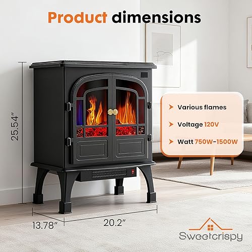 Miniatura 5 de Sweetcrispy Calentador eléctrico independiente, chimenea de dos puertas de 26 pulgadas con efecto de llama 3D, diseño seguro para