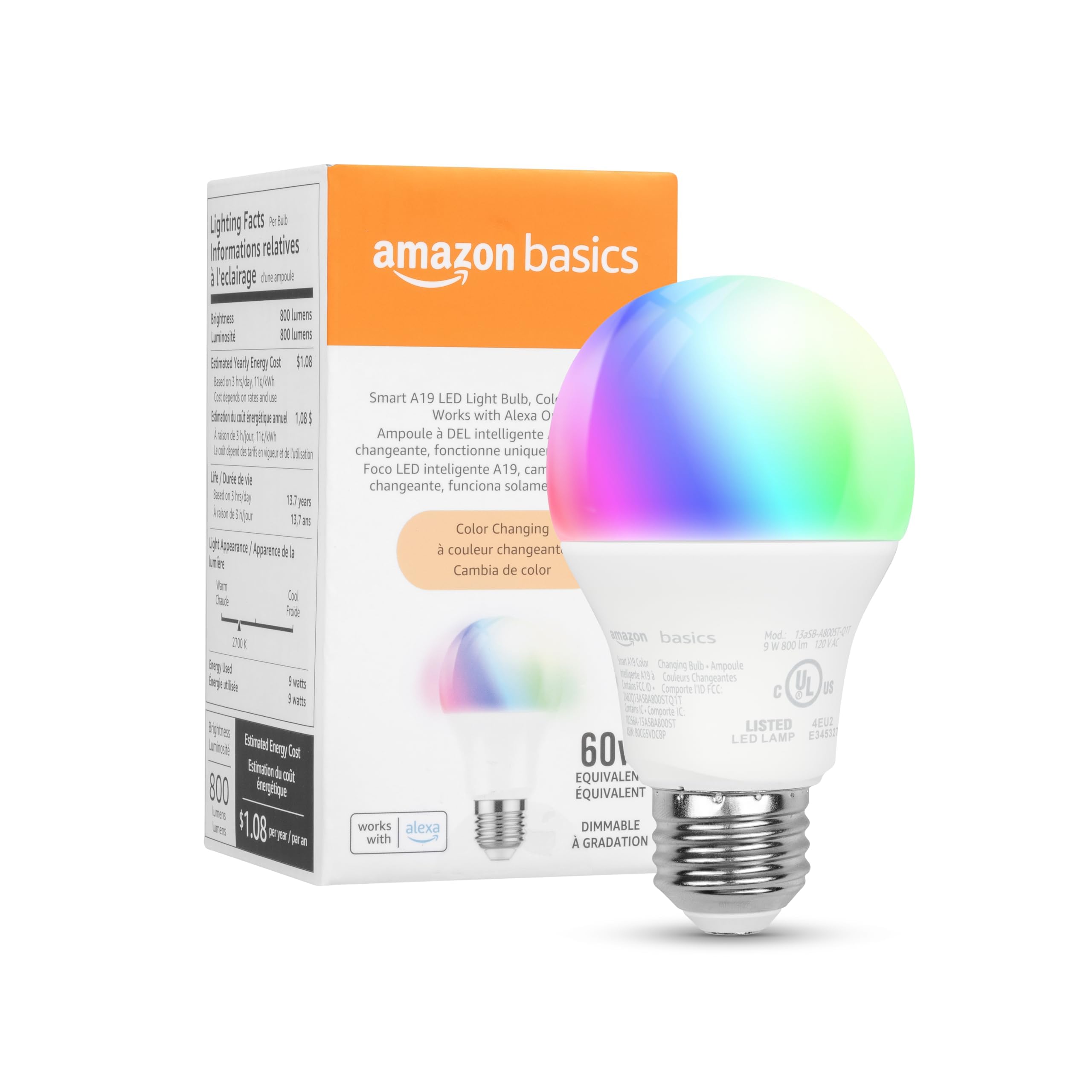 Amazon Basics - foco LED inteligente A19, cambio de color, 9 W (equivalente a 60 W), 800 LM, funciona solo con Alexa, Wi-Fi de 2.4 GHz, no requiere concentrador, 1 paquete