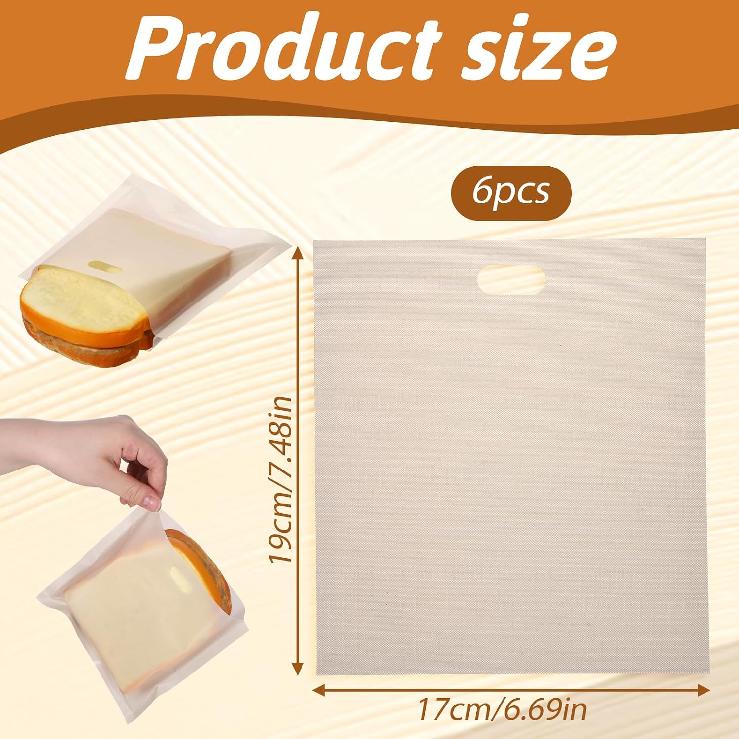 6 Pack Reusable Toaster Bags, 6.7 x 7.5inch Non-Stick Travel Washable Toaster Bags for Cheese Sandwiches Grilled Snacks Bread