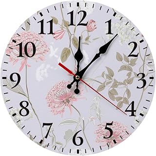 Flower Branches, Pure Wall Clock Silent Non Ticking Wooden Wall Clocks Battery Operated Round Wall Decor for Bathroom Kitchen Bedroom 10 * 10in
