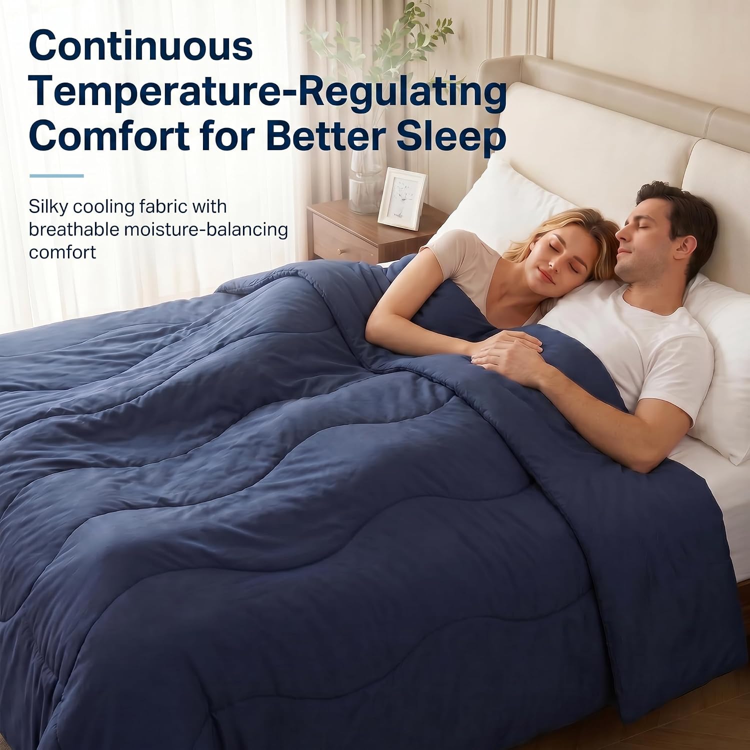 Cooling Comforter Queen Size, Bamboo Summer Cold Blanket for Hot Sleepers | Double-Sided Cool Tech, All Season Bedding for Night Sweats, Breathable Soft Lightweight Silk Smooth, Hypoallergenic, Blue