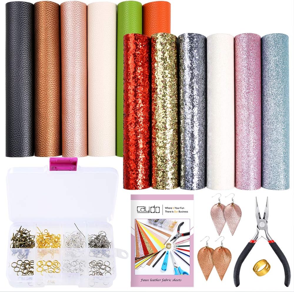 Caydo 12 Pieces Leather Earring Making Kit Include 4 Style Faux Leather Sheet, an Instructions and Tools for DIY Jewelry Earrings Craft Making Supplies(6.3" x 8.3")