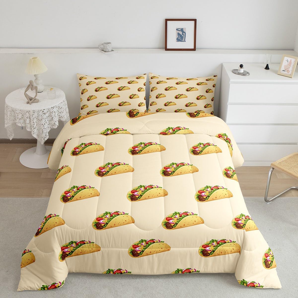Erosebridal Taco Bedding Mexican Fast Food Comforter Set Twin Mexican Party Decorations Bedding Comforter Sets, Delicious Food Cartoon Style Duvet Insert with 1 Pillow Case