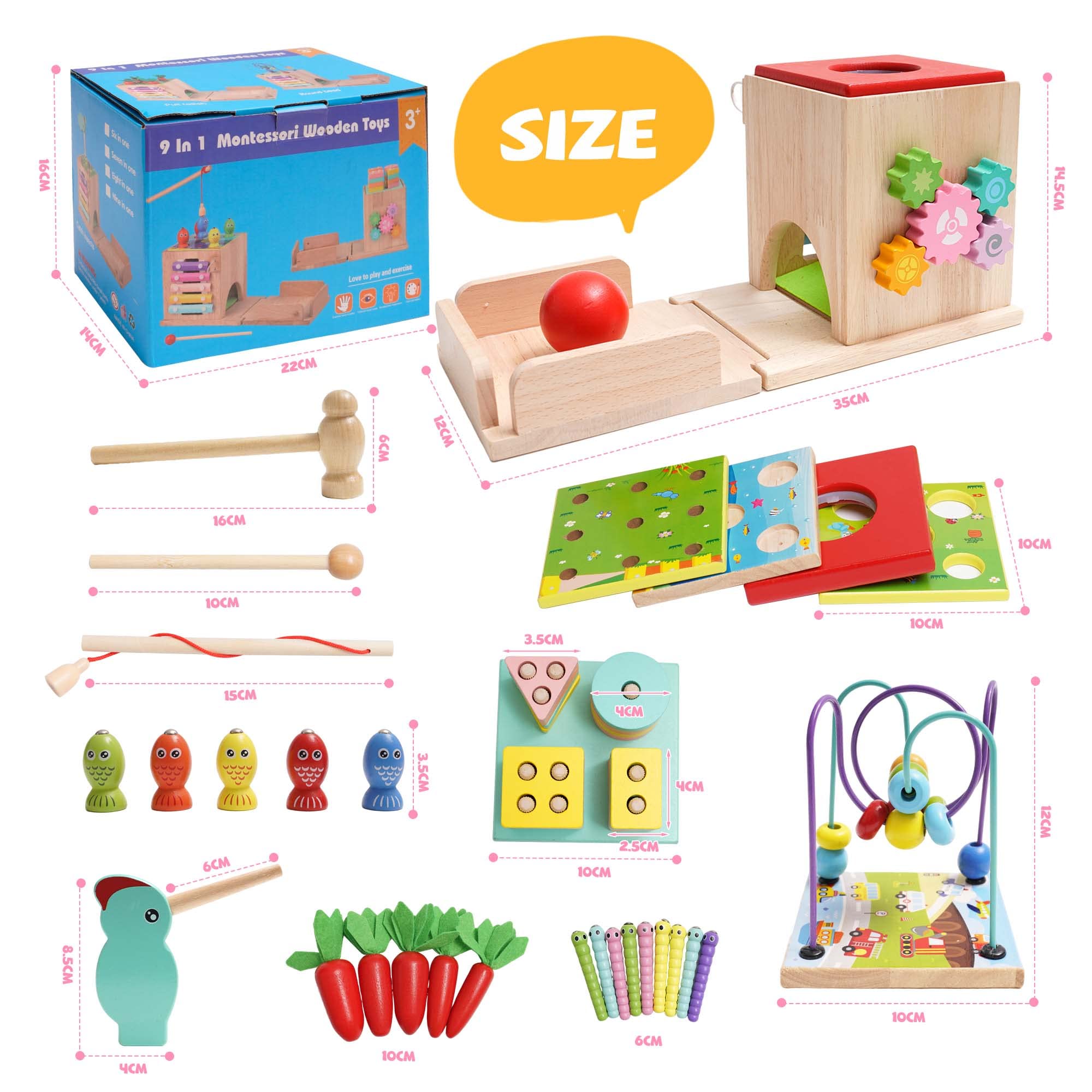 NUKied Montessori Jouet Bebe 1 2 3 an |9 en 1 Cube d'activités motrices dès |Frapper la Balle,Formes À Trier Empiler Jeu,Jouet de Récolte de Carottes,Jouet en Bois pour Cadeau Fille Garcon Bébés