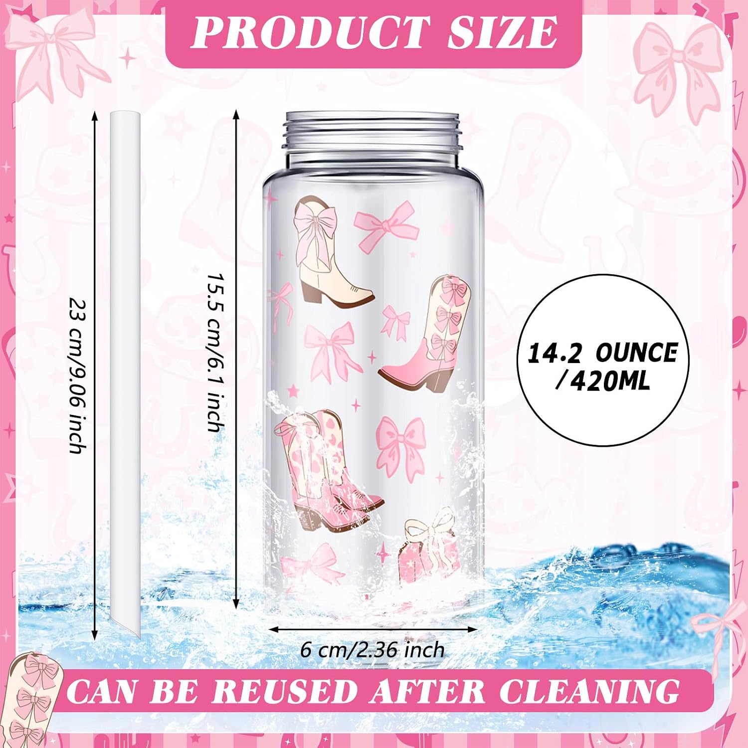 qinyoung 24 pcs western cowgirl cowboy plastic tumbler 14.2 oz cowgirl party favors reusable cups with lids and straws decoration iced coffee cup my first rodeo decorations(classic style,pink) pink classic