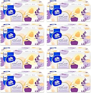 Vinda 3-Ply Ultra Care Facial Tissues, 130 Soft Strong Sheets per Box, 8 Flat Boxes, Hypoallergenic for Sensitive Skin, Bulk Home Office Pack