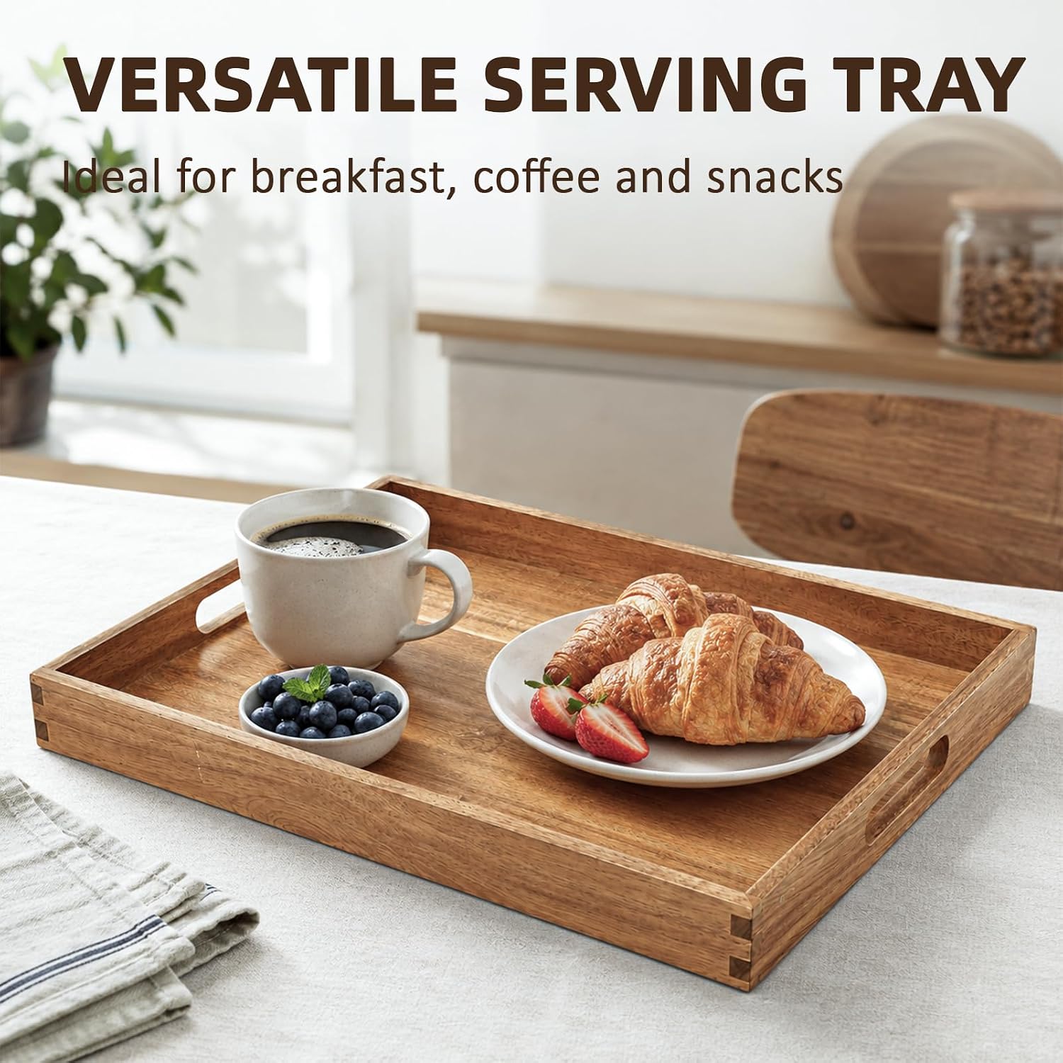 Solidith Acacia Wood Serving Tray with Handles Set of 2 for Serving Food