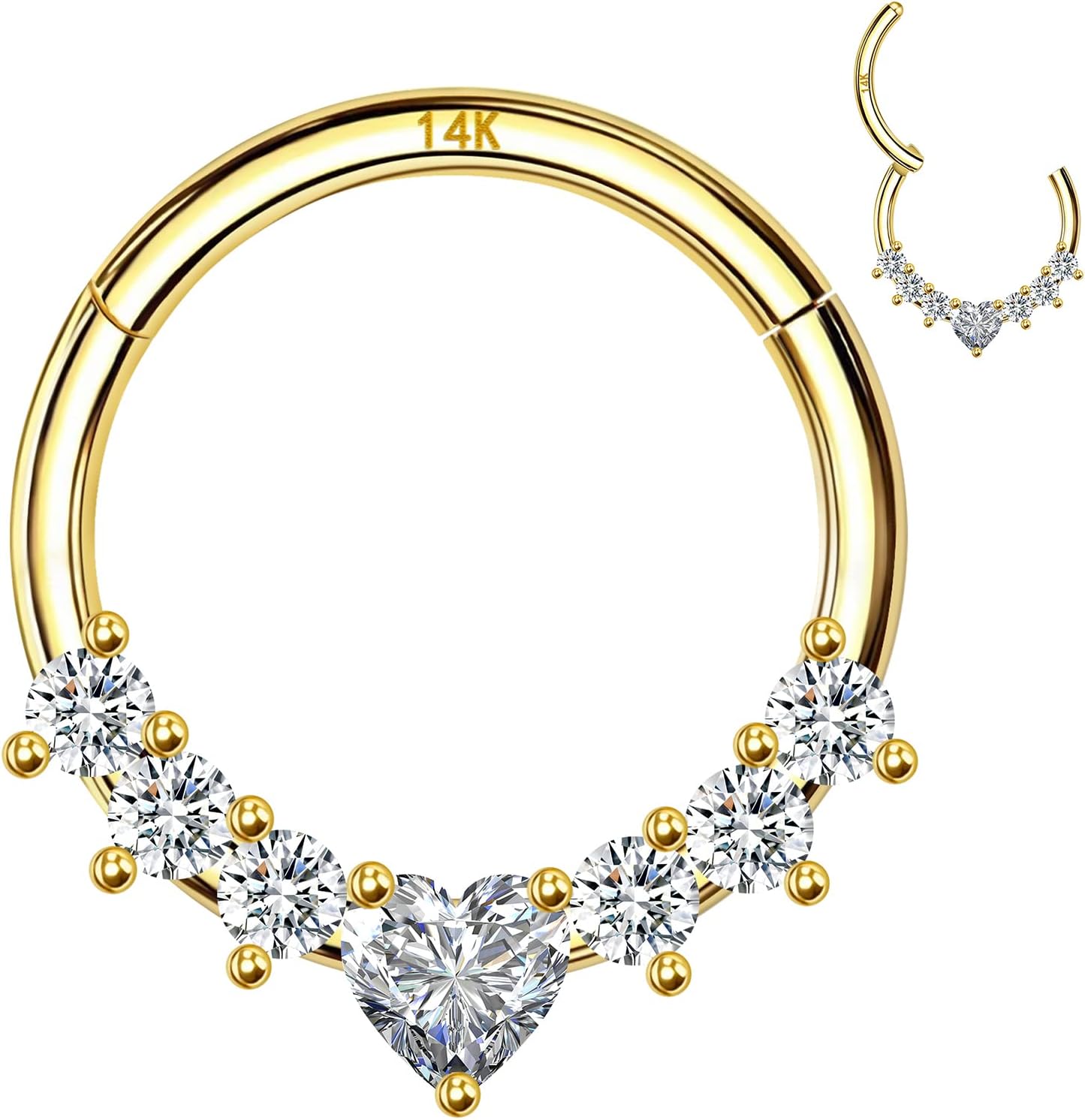 14K Solid Gold Septum Ring, Cartilage Earrings Hoop for Women, Heart CZ, 16G 8mm/10mm Nose Rings Hoop, Daith, Helix, Tragus Piercing Jewelry, Hypoallergenic