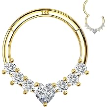 14K Solid Gold Septum Ring, Cartilage Earrings Hoop for Women, Heart CZ, 16G 8mm/10mm Nose Rings Hoop, Daith, Helix, Tragus Piercing Jewelry, Hypoallergenic