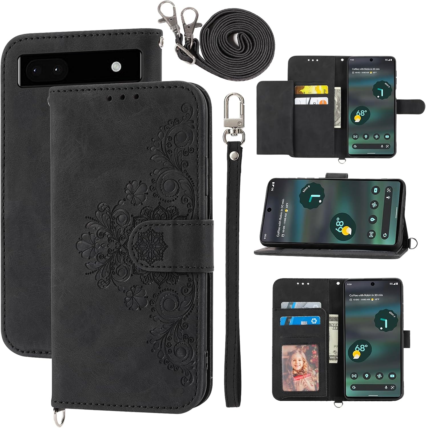 Wallet Case for Google Pixel 6A 5G 2022 with Wrist Strap Crossbody Shoulder Strap, Embossed Leather Flip Slim Card Holder Stand Cell Phone Accessories Cover for Pixel6A A6 Women Girls Black