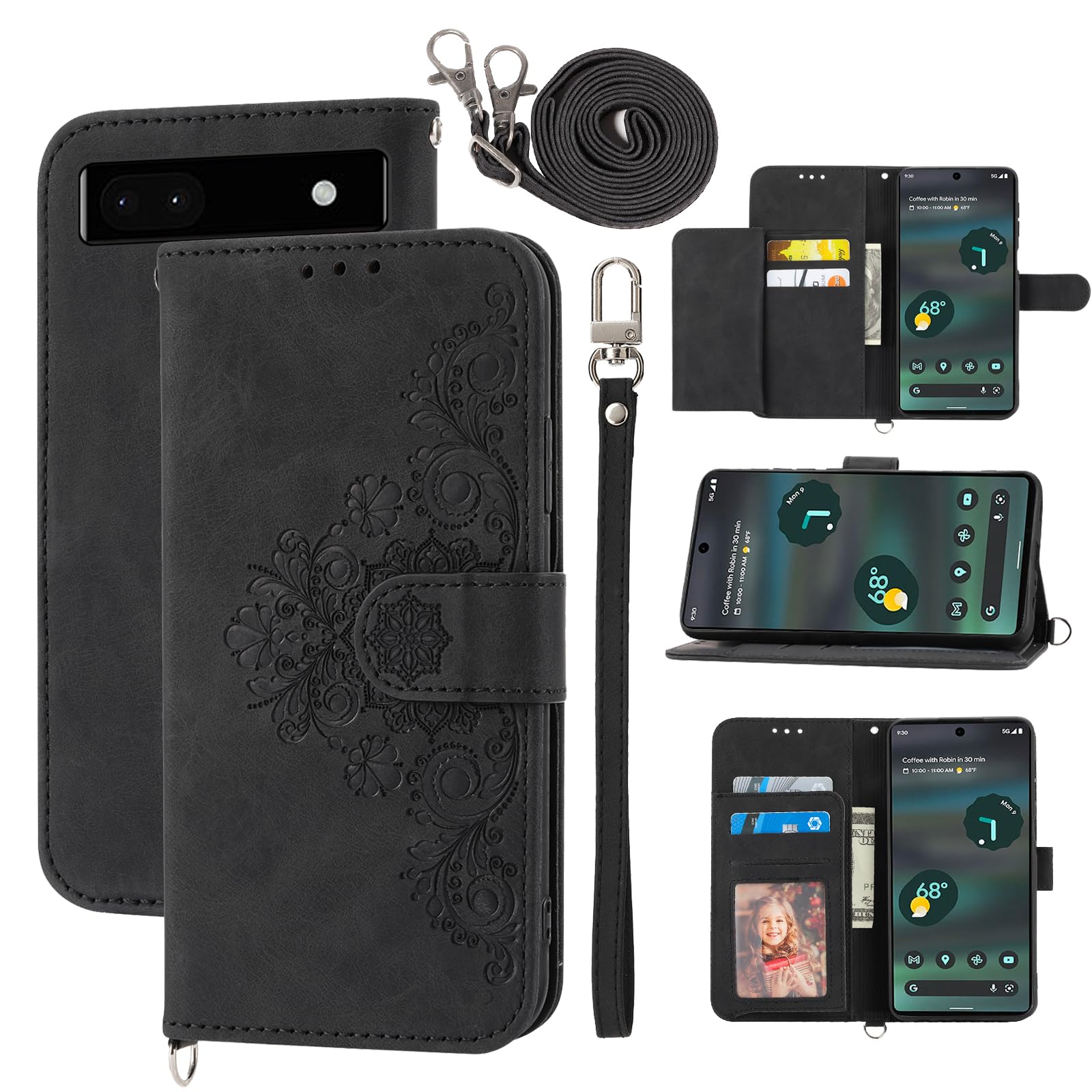Dswteny Wallet Case for Google Pixel 6A 5G 2022 with Wrist Strap Crossbody Shoulder Strap, Embossed Leather Flip Slim Card Holder Stand Cell Phone