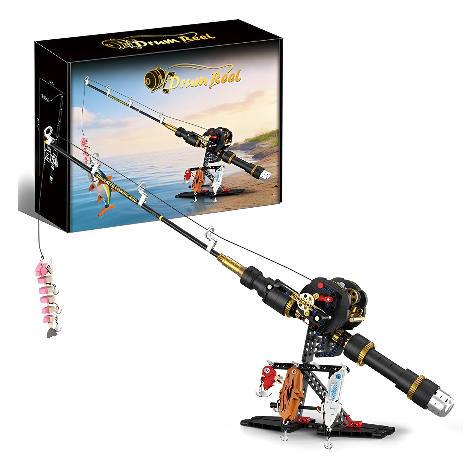 Drum Reel Fishing Rod Building Set, Fish Pole Model Kit with Movable Reel & Lures, Collectible Drum Reel Rod Bricks Kit for Adults Teens, Unique Desk Decor & Gifts for Fishing Enthusiasts（589PCS） — image 1
