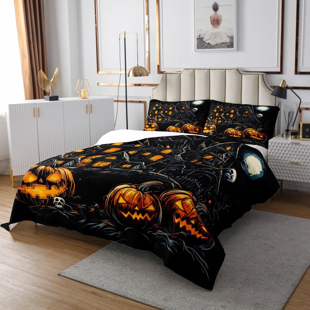 Erosebridal Gothic Bedspread Set, Horror Pumpkin Lantern Coverlet Set Queen Spooky Dark Shadows Castle Quilted, Orange Halloween Lights Decor, Vintage Skeleton Halloween Decor
